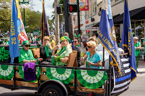 Hollywood, FL, USA - March 13, 2022: Photo of the 2022 St Patrick's Day Parade on the streets of Downtown Hollywood.