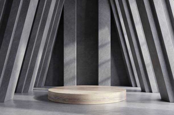 istock Mock up wooden podium for product presentation with cement wall background. 1385250027