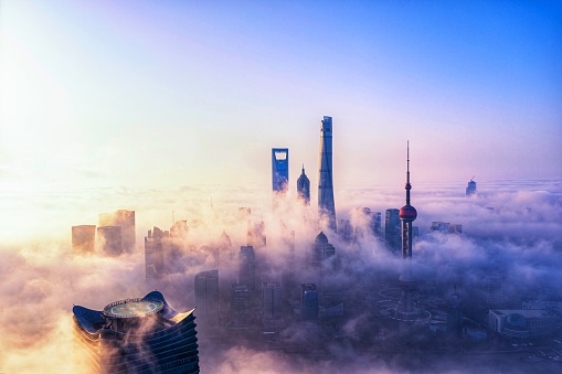 Aerial photograph of Shanghai above clouds