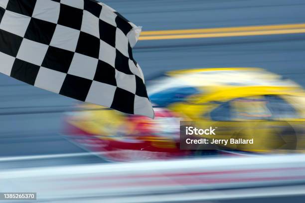 Race Car And Checkered Flag Stock Photo - Download Image Now - Stock Car Racing, Stock Car, Sports Race