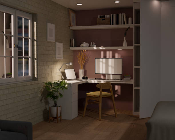 istock Contemporary home apartment studio workspace interior with modern computer desk 1385270480