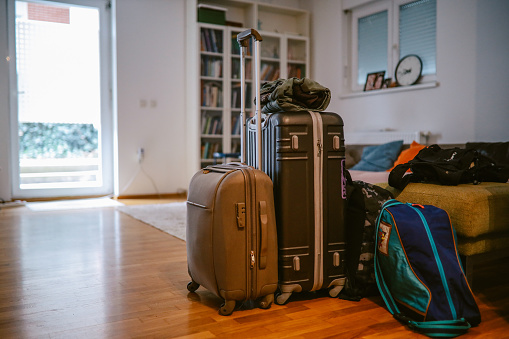Luggage is packed in the living room, ready to travel.
