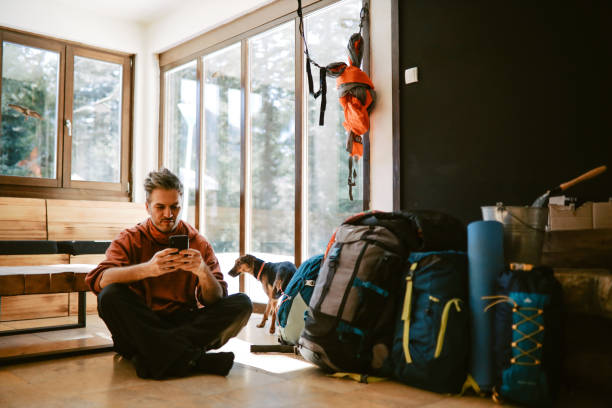 tourist checking in at the mountain lodge