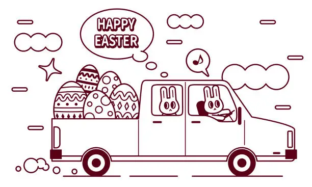 Vector illustration of Smiling Easter bunny driver driving a pick-up truck delivering Easter Eggs
