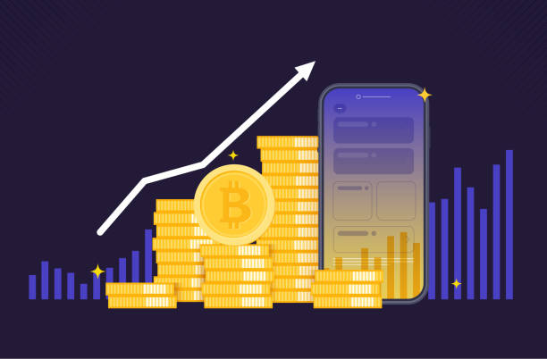istock Bitcoin cryptocurrency with pile of coins from smartphone in front of rising chart. Bitcoin Stock Growth. Chart shows a strong increase in the price of bitcoin. vector design 1385274701