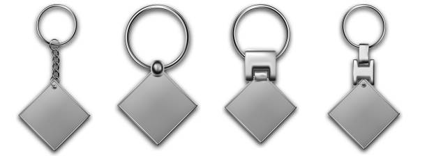 istock Metal keyring in diamond shape , leather keychain, holder trinket for key with metal ring. Silver colored accessories. Realistic template metal keychain set. Blank accessory for corporate identity. 1385286663