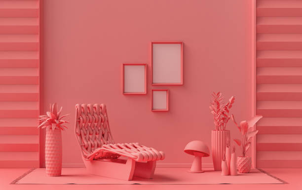 istock Gallery wall with three frames, in monochrome flat single light pink, pinkish orange color room with a meditation bed, furniture and plants,  3d Rendering 1385286785