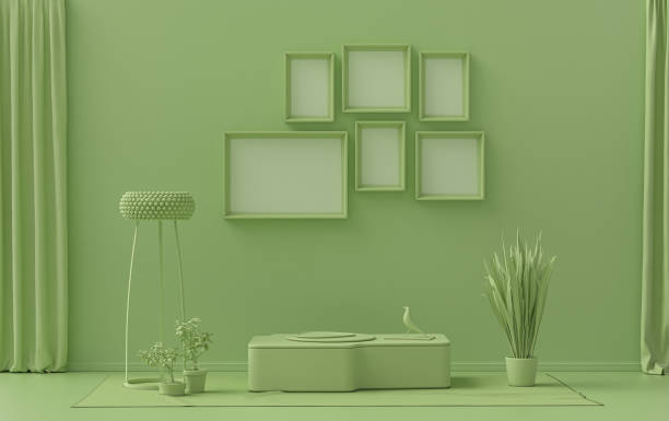 istock Flat color interior room for poster showcase with six frames on the wall, monochrome light green color gallery wall with furniture and plants. 3D rendering 1385287639