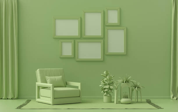 istock Wall mockup with six frames in solid flat  pastel light green color, monochrome interior modern living room with single chair and plants, 3d rendering 1385287707