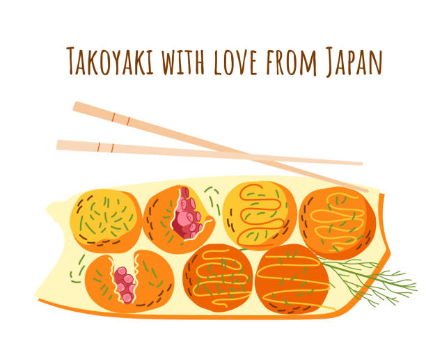 Takoyaki delicious baked octopus balls Delicious baked Takoyaki octopus balls. Food from Japan. Vector illustration for banner, restaurant advertising cooking takoyaki is a ball shaped japanese snack stock illustrations