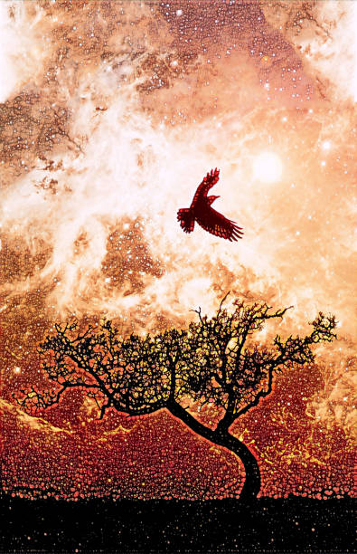 istock Ebook cover template - Lone tree silhouette with bird in 1385293276