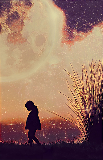 Fantasy book cover template - Little girl silhouette and beach grass at sunset with stars and huge planet in the sky - digital illustration. Elements of this image are furnished by NASA