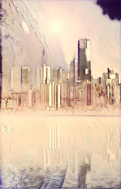 istock Science fiction novel book cover template - Modern megapolis skyline and huge alien planet reflecting in tranquil waters at sunset digital illustration. Elements of this image are furnished by NASA 1385293795