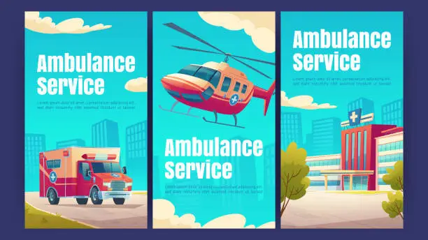 Vector illustration of Ambulance service with hospital, van, helicopter