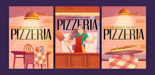 Vector illustration of Pizzeria ads posters with baker hold pizza shovel
