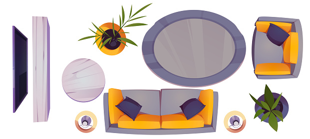 Set of living room furniture and stuff top view. Sofa, wooden coffee table, armchair and television hang on wall, wood tv stand and floor lamps, oval rag and potted plants, Cartoon vector icons set