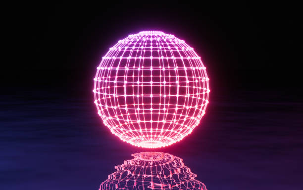 istock Glowing gridding sphere on the water, 3d rendering. 1385294253