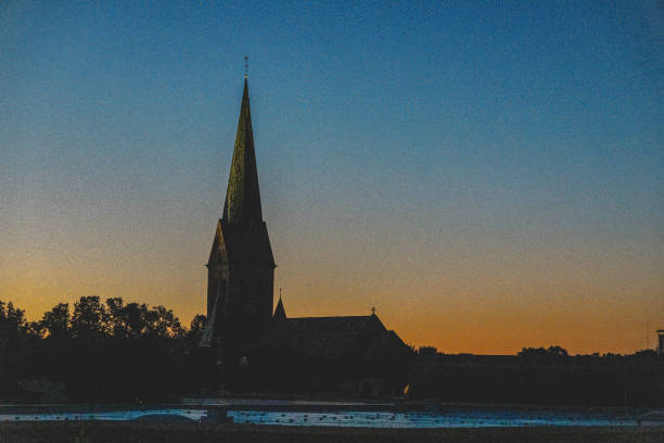 View of a church in the setting sun.