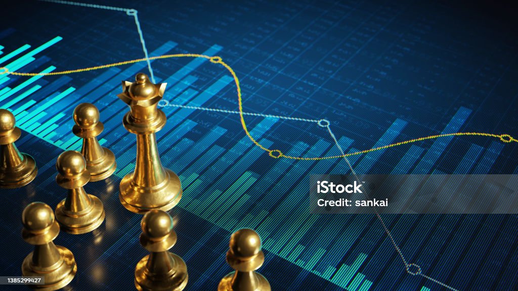 Business strategy concept Golden chess pieces on a digital display with abstract financial charts and graphs Strategy Stock Photo
