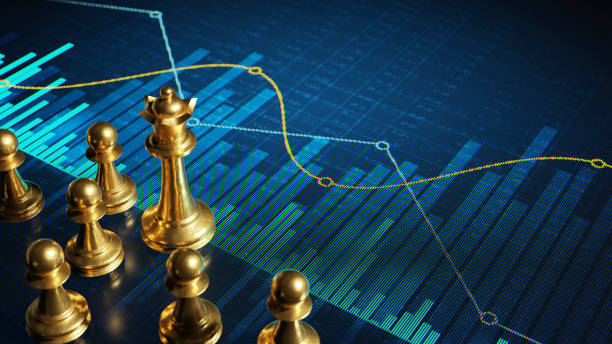 Business strategy concept Golden chess pieces on a digital display with abstract financial charts and graphs dealing stock pictures, royalty-free photos & images