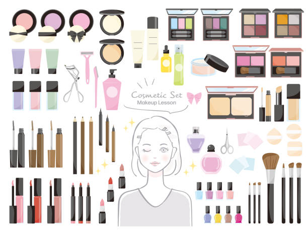 elementy kosmetyczne i zestaw ilustracji dla kobiet - manicure make up brush razor beauty stock illustrations
