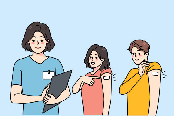 ilustrações, clipart, desenhos animados e ícones de pessoas sorridentes mostram braços após vacinação de covid - immune defence