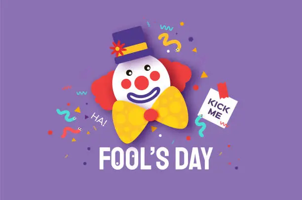Vector illustration of April Fools Day with Clown Character in paper cut style. April 1 party. Present joke box. Fools' Day Poster. Funny spring holiday.