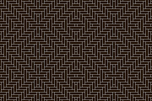 Rattan lattice basket seamless black and white pattern. Abstract texture. Vector woven bamboo backdrop. Interlace placemat. Geometric herringbone structure. Straw or wooden decorative material