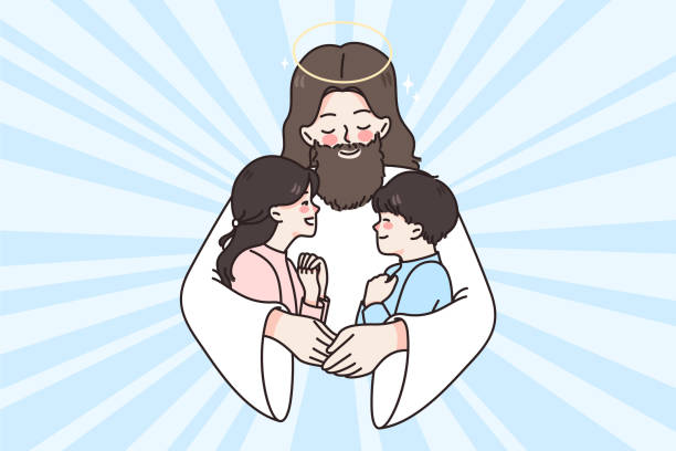 Jesus Christ hug cuddle small children Jesus Christ hug cuddle small kids give love and care. Attentive father lord embrace little children share good emotions and help. Faith and religion concept. Flat vector illustration. praying child religion god stock illustrations