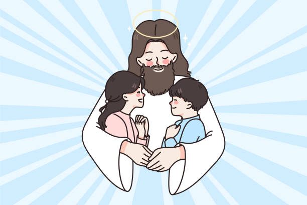 Jesus Christ hug cuddle small children Jesus Christ hug cuddle small kids give love and care. Attentive father lord embrace little children share good emotions and help. Faith and religion concept. Flat vector illustration. heaven and jesus drawing stock illustrations