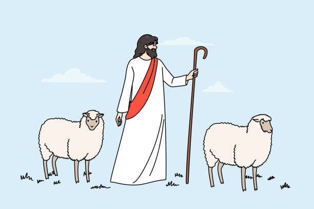 Biblical scene of Jesus Christ and lambs Jesus Christ and lambs walk in field. Biblical story of Jesus as shepherd. Concept of religion and faith. Religious scene, superstition and belief. Flat vector illustration, cartoon character. shepherd sheep lamb bible stock illustrations