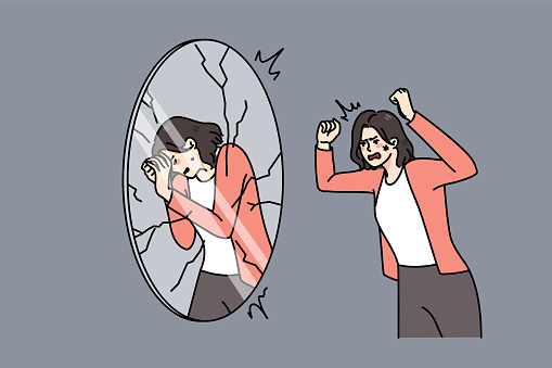 Furious young woman shot yell at mirror reflection, shaming and blaming. Angry man female suffer from mental or psychological problems. Self-judgement and criticism. Vector illustration.