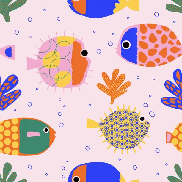 Vector illustration of Seamless pattern with cute reef fishes, puffer fishes, corals. Funny multicolor background, marine texture. Contemporary vector illustration.
