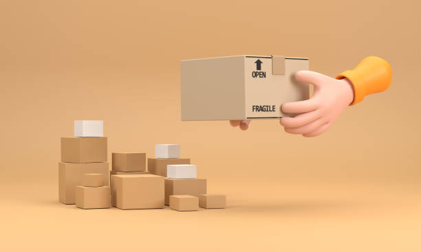 istock Cartoon hands holding parcel isolated over orange and box background. 1385308292