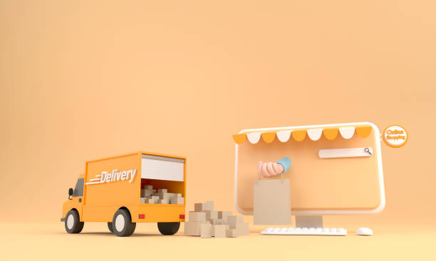istock Cartoon e-commerce or online shopping concept with hands reaching out of a computer screen 1385308384