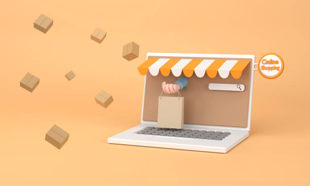 istock Cartoon e-commerce or online shopping concept with hands reaching out of a computer screen 1385308390