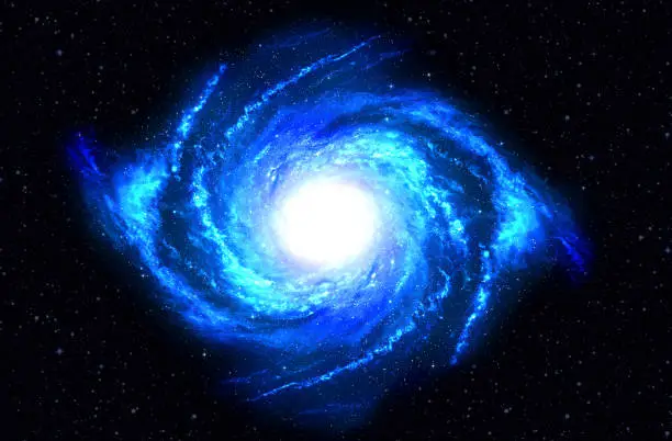 3d rendering of Spiral galaxy in deep space with star field background. Flight near a rotating spiral galaxy.