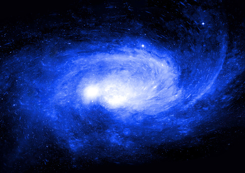 3d rendering Spiral galaxy in deep space with star field background. Flight near a rotating spiral galaxy.