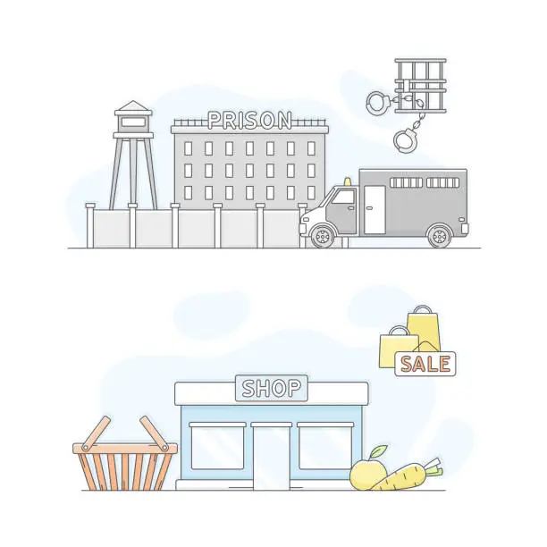 Vector illustration of Town public building set. Prison and shop facade, commercial property vector illustration