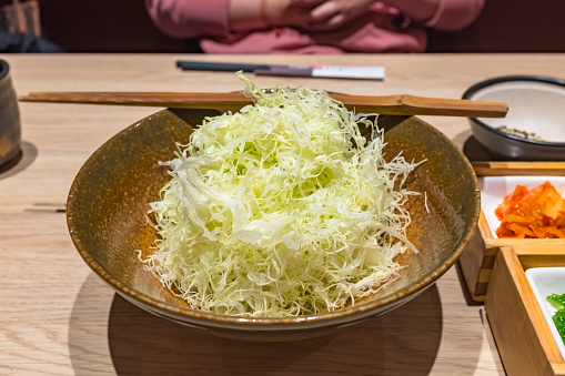 Japanese food, traditional tonkatsu rice appetizer, cabbage, appetizer, Washoku