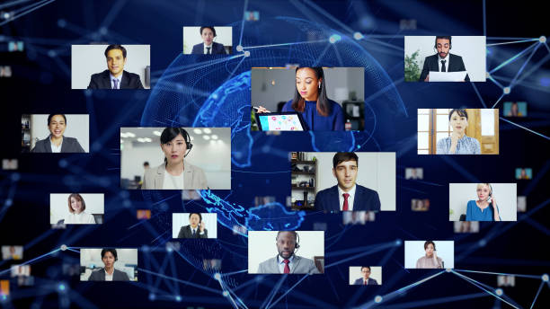 istock Screens of distributors in cyberspace. Video conference. Web meeting. Vlog. Webinar. Broadcasting. 1385313491