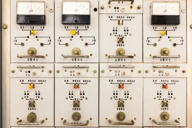 Panel of an old-time control unit. obsolete. obsolete. close up.