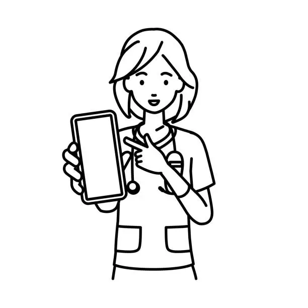 Vector illustration of a nurse woman recommending, proposing, showing and pointing smart phone mock-up screen with a smile