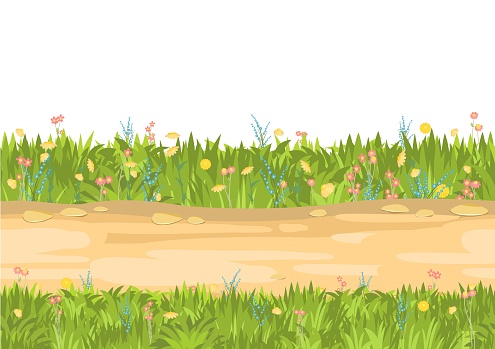 Seamless sand road. Horizontal border composition. Summer meadow landscape. Juicy grass. Rural rustic scenery. Cartoon design. Flat style art illustration. Isolated on white background. Vector.