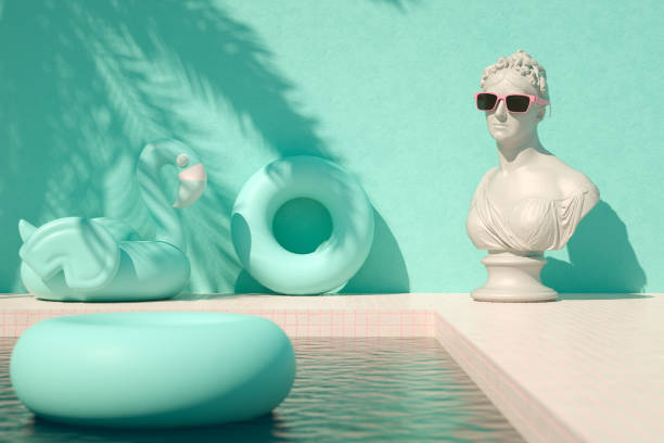 скульптура бюста с солнцезащитными очками у бассейна летний отдых путешествие фон пальма тень - greek revival style стоковые фото и изображения