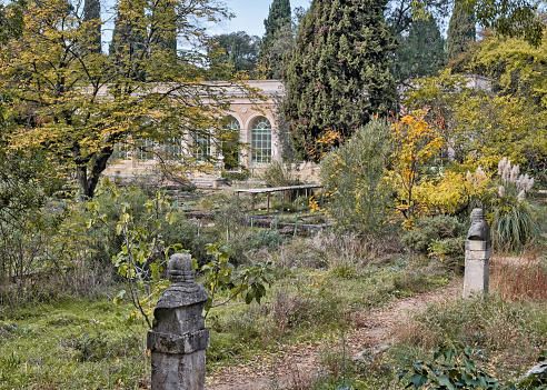 Montpellier, France - November 03, 2011: View of the Jardin des plantes, a public botanical garden (no admission fee) and an Orangery in Montpellier, France.