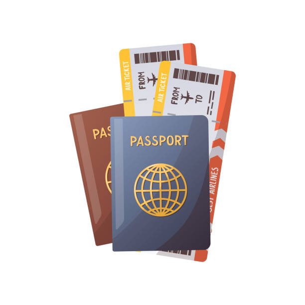 Passports and plane tickets. Passports and plane tickets. Travel, tourism, adventure, journey, photography, memories concept. Isolated vector illustration for banner, poster, cover, advertising. emigration & immigration stock illustrations