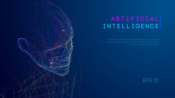 otak digital ai. konsep kecerdasan buatan. kepala manusia dalam interpretasi komputer digital robot. konsep kepala wireframe - artificial intelligence ilustrasi stok