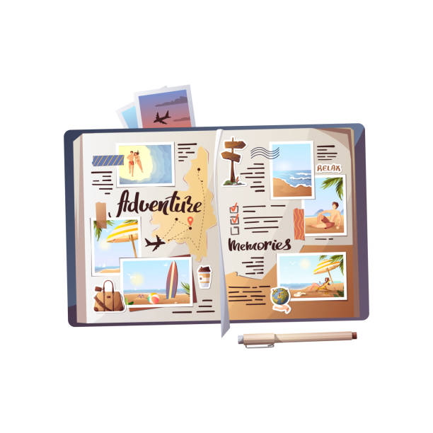 cestovní deník s fotografiemi. - časopis fotky stock ilustrace