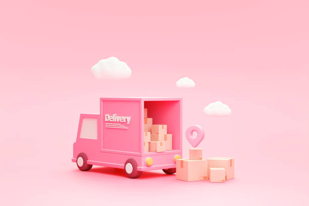 istock Shipment delivery by truck and Pin pointer mark location delivery transportation logistics concept on pink background 3d rendering illustration 1385323044